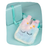 Green Unicorn Faux Fur Sling Bag for Girls by Arendelle Kids, featuring a pastel rainbow design with glitter horn and star accents, ideal for ages 3-7.