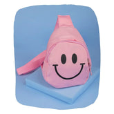 Pink Smiley Face Yellow Crossbody Bag for Kids by Arendelle Kids, featuring a cheerful black smiley print and adjustable strap, perfect for girls aged 3 to 7.
