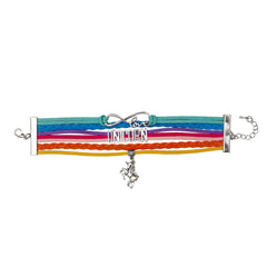Adjustable unicorn charm bracelet with colorful braided leather strands and silver 'love' and unicorn charms. Durable design for young girls' fantasy jewelry collection.