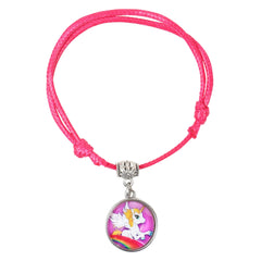 Adjustable pink faux leather unicorn charm bracelet featuring a flying unicorn over a rainbow. Trendy jewelry for young girls.