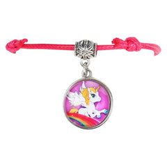 Stylish pink unicorn charm bracelet with adjustable knot and detailed silver charm. Great accessory for unicorn lovers in the jewelry category.