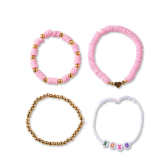 Set of 4 Bubblegum Bliss Clay Beaded Bracelets with pink, gold, and letter beads, designed for stylish stacking and everyday wear.