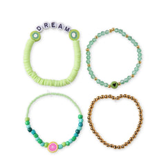 Flat lay of Matcha Bliss Bracelets - Trendy Clay Bead Teens | Stackable Set of 4 featuring green, gold, and citrus-themed designs.