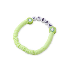 Close-up of 'DREAM' bracelet from Matcha Bliss Bracelets - Trendy Clay Bead Teens | Stackable Set with green clay beads and kiwi charms.