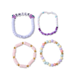 Set of 4 Clay Bead Bracelet Stack Teens - Stretch & Stack in pastel colors with gold accents and 'SMILE' charm, ideal for girls aged 3 to 7.