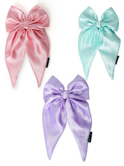Satin long tail hair bows combo in pink, lilac, and mint for girls. Elegant hair accessories perfect for styling ponytails or braids.