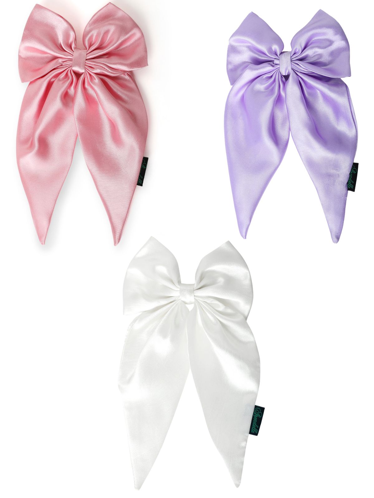3 satin long tail bow set in pink, lilac, and pearl with glossy finish. Stylish hair accessories for girls, perfect for elegant outfits.