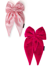Satin velvet hair bow set featuring one light pink satin bow and one deep pink velvet bow, ideal for elegant girls' hairstyles.
