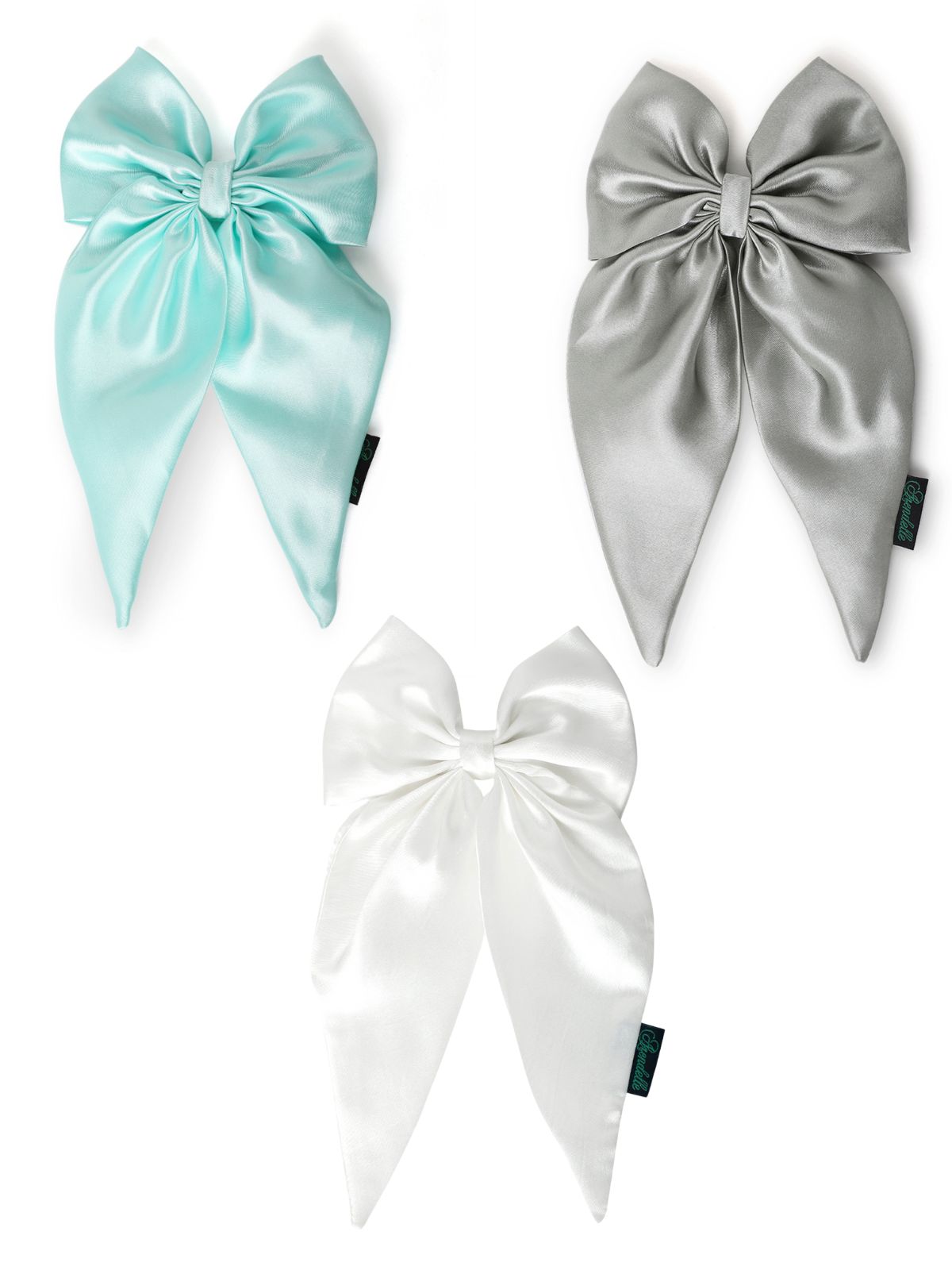 3 satin hair bows combo in mint, pearl, and sage with long tails, perfect for girls' elegant hairstyles and special occasions.