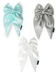 3 satin hair bows combo in mint, pearl, and sage with long tails, perfect for girls' elegant hairstyles and special occasions.