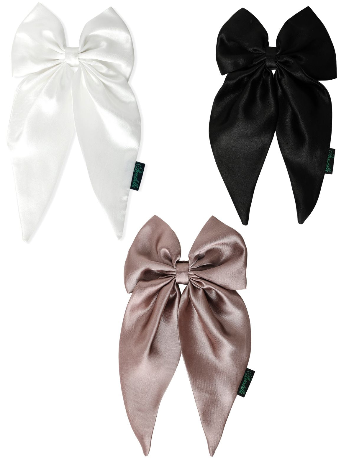 Satin long tail hair bow combo in pearl, black, and stardust colors with elegant finish. Ideal for girls' fashion and special occasions.