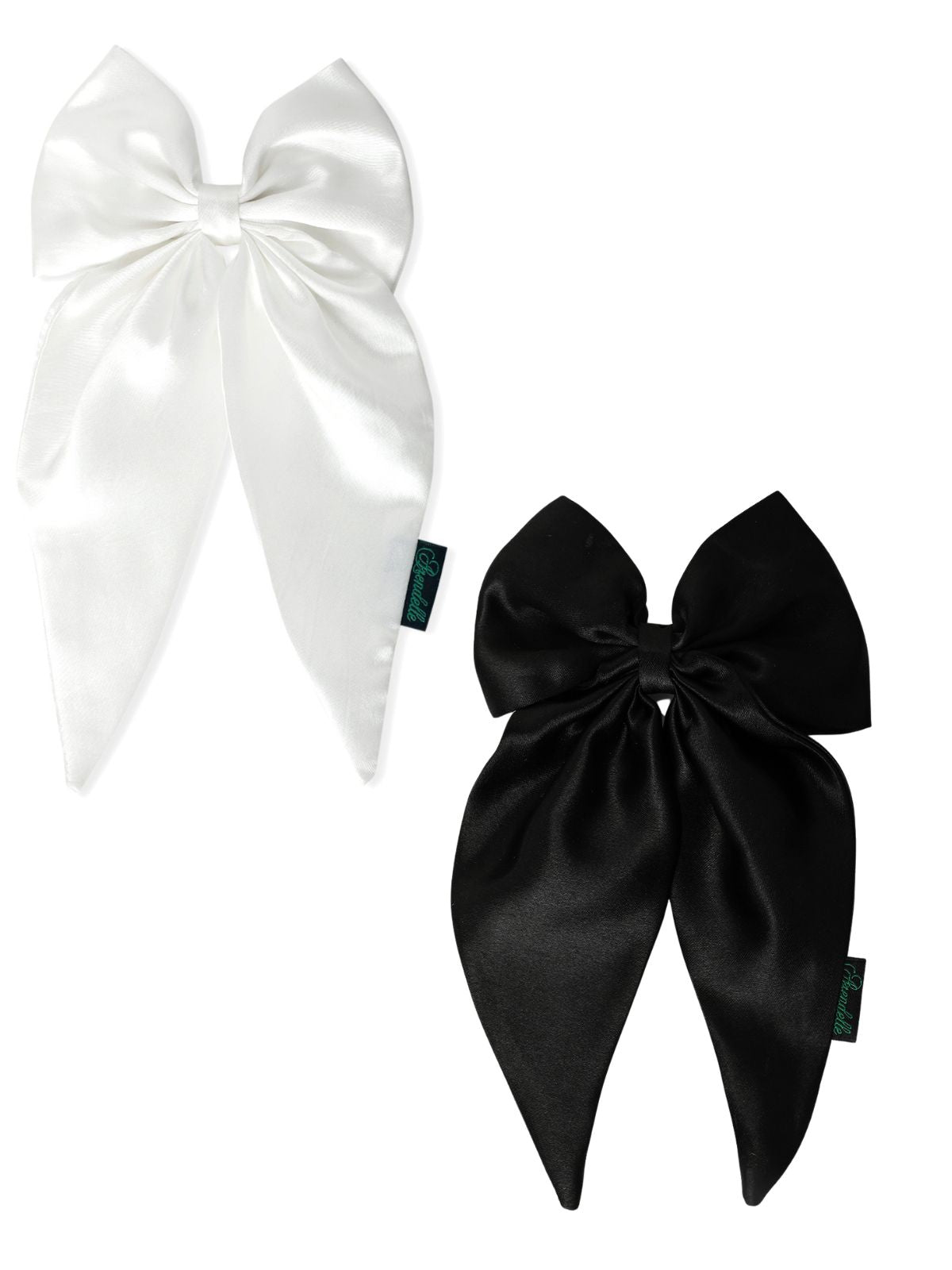 Satin long tail hair bow combo in pearl white and black, ideal for girls' hair styling. Elegant accessory for casual or special occasions.