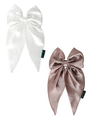 Satin Long Tail Hair Bow Combo in Pearl and Stardust with glossy finish. Elegant accessory for girls, ideal for parties or daily wear.