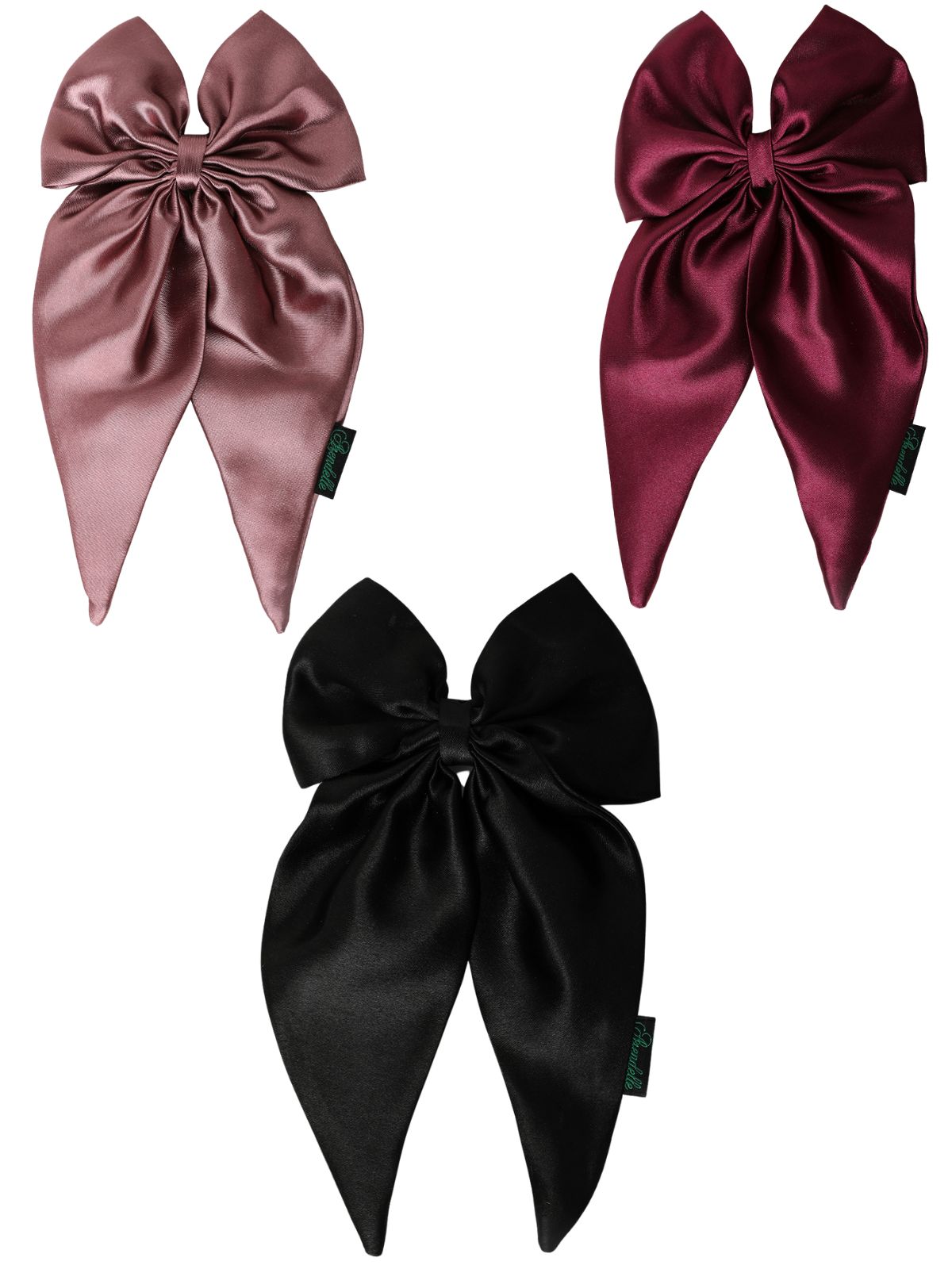 Satin long tail hair bows combo in black, wine, and plum colors. Elegant 3-pack set for girls' hair styling and fashion accessories.