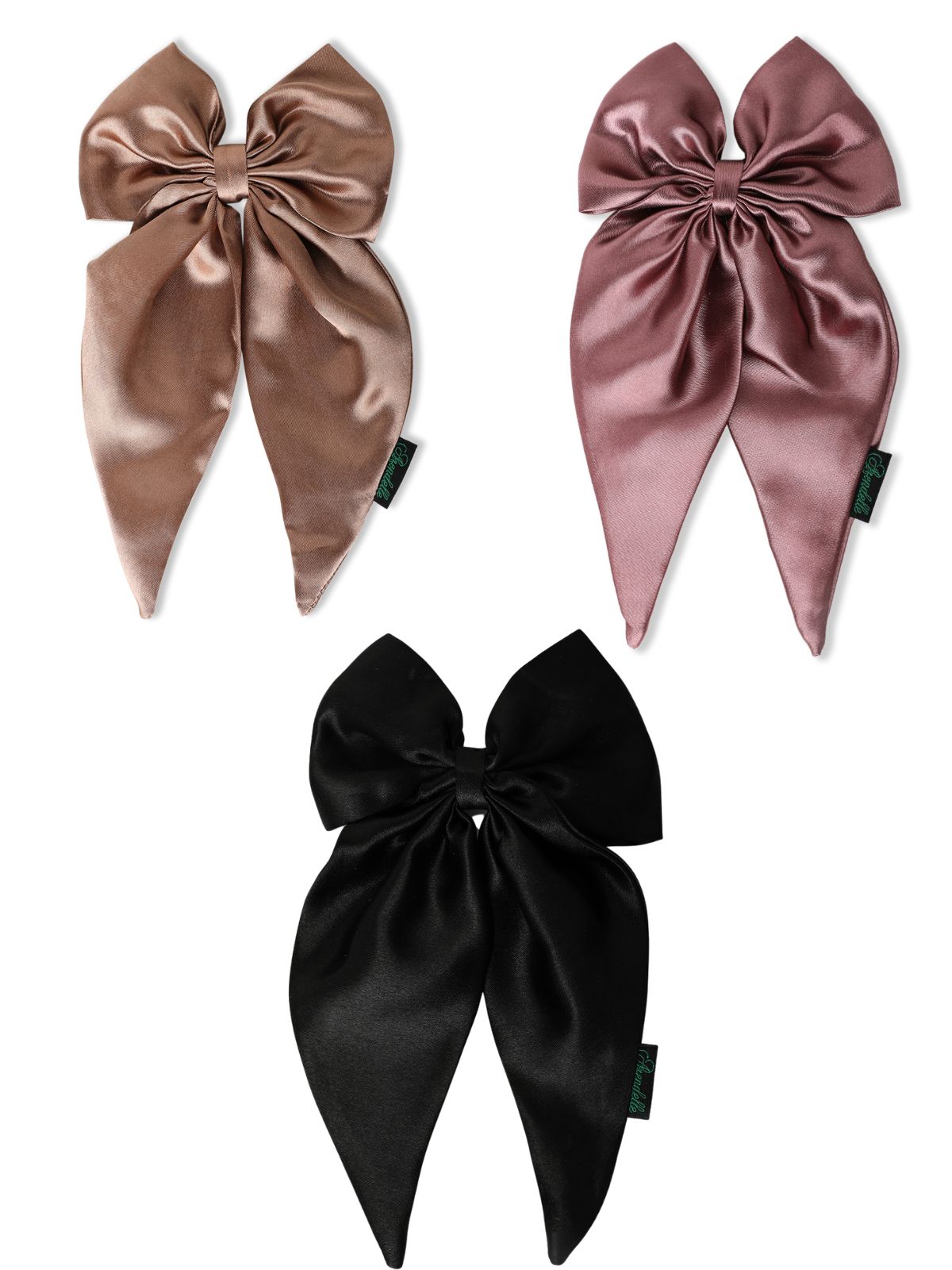 3 satin long tail hair bow set in black, wine, and bronze with elegant finish. Stylish combo for girls' hair accessories collection.