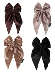 Combo of 4 satin long tail hair bows in black, stardust, brown, and bronze. Elegant hair accessories for girls and teens, ideal for daily wear.