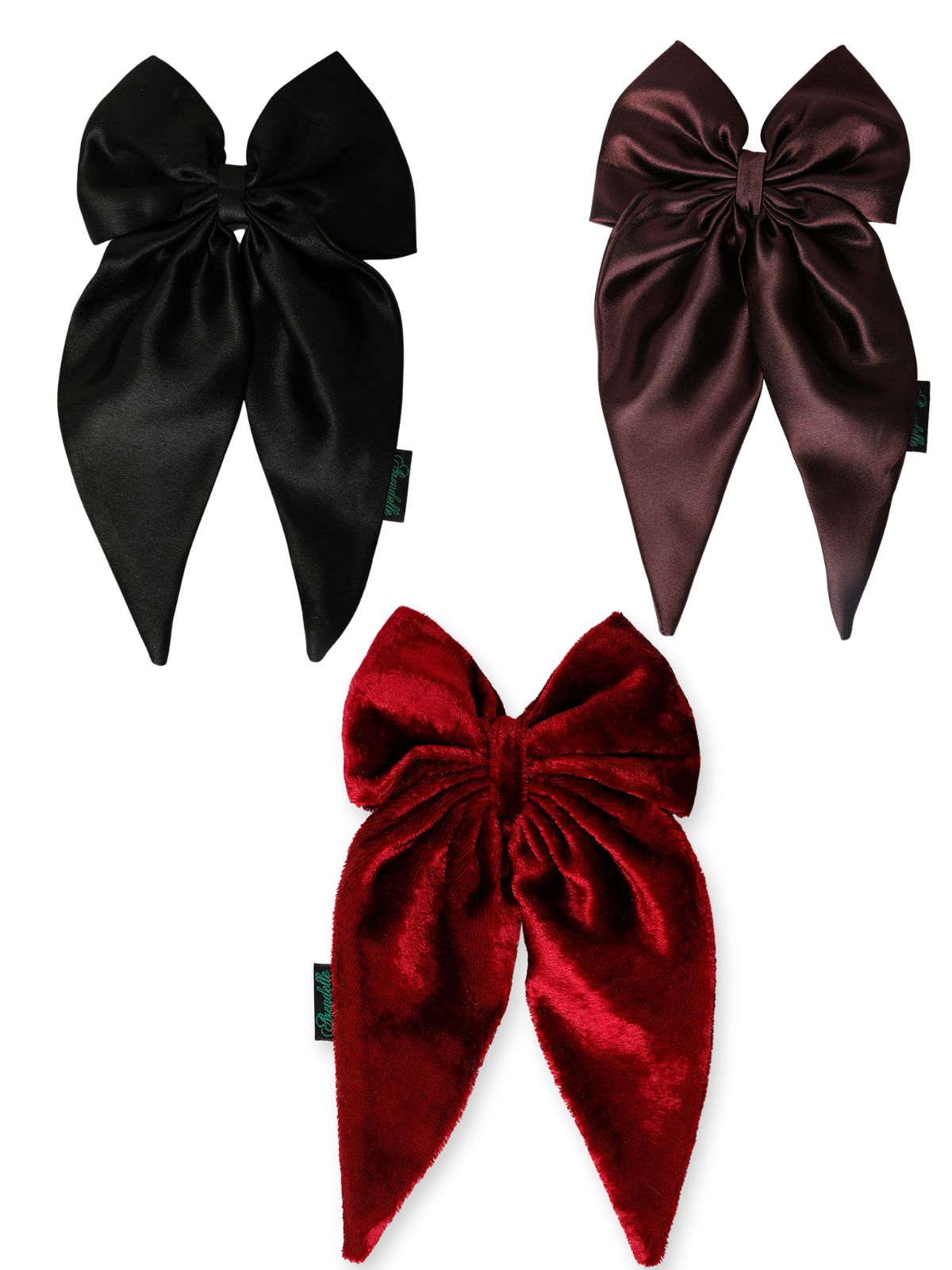 Satin velvet long tail hair bows combo in black, brown, and maroon. Elegant hair accessories for girls, perfect for formal and casual outfits.