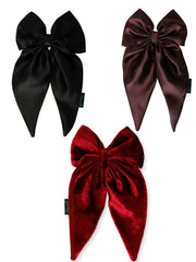 Satin velvet long tail hair bows combo in black, brown, and maroon. Elegant hair accessories for girls, perfect for formal and casual outfits.