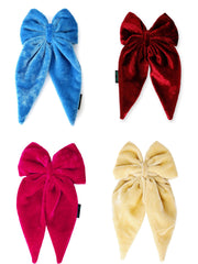 Combo of 4 Velvet Long Tail Hair Bows in blue, red, pink, and beige for girls. Elegant hair accessories for stylish everyday or party wear.