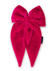 Front view of hot pink Velvet Long Tail Hair Bow with soft velvet finish. A secure, handmade accessory for stylish hair looks.