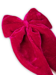 Close-up of hot pink Velvet Bow Hairpin showing plush texture and long tails. Handmade for comfort and anti-breakage hair support.