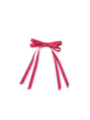 Vibrant red handmade hair bow with white stitching, ideal for girls and women. Adds a bold pop to any hairstyle or outfit.