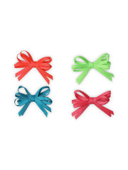 Set of 4 double fold neon hair bows in red, green, pink, and blue, handmade with secure clips for girls' hair styling.
