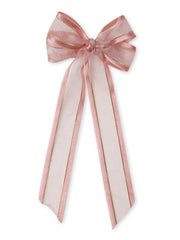 Pink handmade organza hair bow with gold trim and long tails. Lightweight and elegant accessory for girls and women.