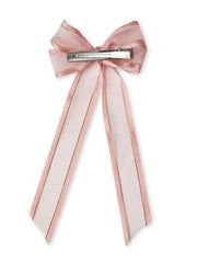 Back view of pink organza hair bow showing secure metal clip. Comfortable and stylish for everyday or formal wear.
