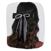 Satin Silk Ribbon Long Tail Hair Bow With Rhinestone Cord