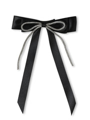 Black satin hair bow with long tails and rhinestone accents. Elegant handmade accessory for girls and women.