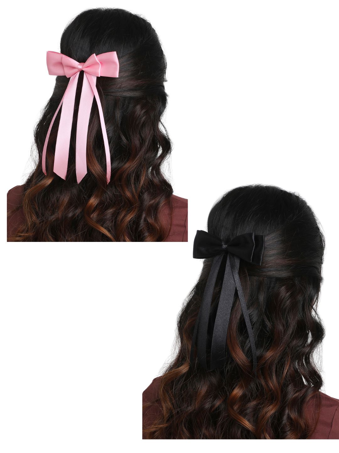 Satin silk ribbon hair bow combo featuring pink and black double bows with long tails, styled on wavy hair. Ideal for elegant girls' hairstyles.