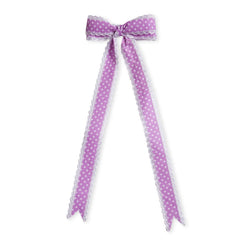 Full view of lavender grosgrain polka dot hair bow with long ribbon tails. Handmade charm for girls' hair accessories.