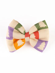Pastel Yellow Hair Bow - Christmas Hair Bows for Girls in soft fabric with red, green, purple, and orange tree motifs, perfect for holiday wear.
