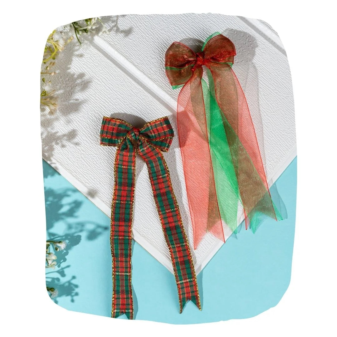 Hair Bows for Girls - Festive Christmas Style in red-green plaid and sheer ribbon designs, perfect for holiday outfits and secure wear.