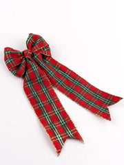 Close-up of Arendelle red green Christmas Hair Bow for Girls with long tails and festive plaid design, perfect for holiday outfits.