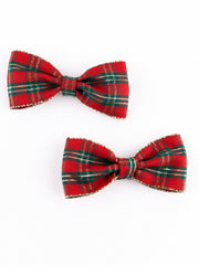 Pair of Red Green Checkered Hair Bows with gold trim, designed for Christmas outfits and suitable for girls aged 3 to 12.