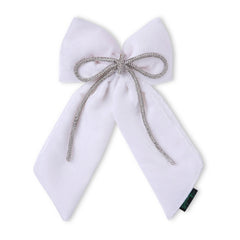 Elegant White Velvet Hair Bow with sparkling rhinestone cord, perfect for formal or casual outfits in the hair accessories category.