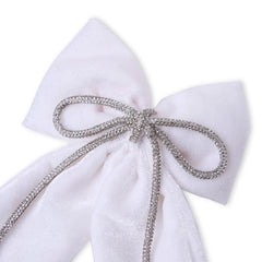 Close-up of White Rhinestone Hair Bow highlighting shimmering rhinestone cord and plush velvet fabric for a luxurious hair accessory.