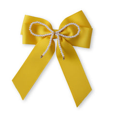 Front view of yellow Pearl Beaded Grosgrain Ribbon Hair Bow, showcasing detailed pearl embellishment for stylish kids' hair.