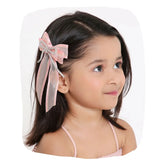 Organza Hair Bow Pink Gift worn by a young girl, showcasing the shiny pigtail accessory with rhinestone cord for stylish hair styling.