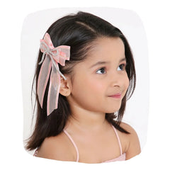 Organza Hair Bow Pink Gift worn by a young girl, showcasing the shiny pigtail accessory with rhinestone cord for stylish hair styling.