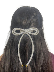 Silver rhinestone hair bow for girls with a double-layered long tail cord, offering elegant sparkle and secure comfort for any occasion.