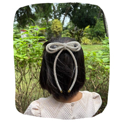 Long Tail Double Layered Rhinestone Cord Hair Bow For Girls