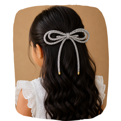Long Tail Double Layered Rhinestone Cord Hair Bow For Girls