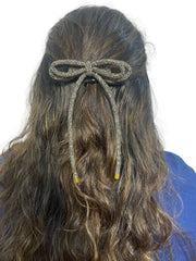 Dark bronze rhinestone hair bow for girls with a long tail double-layered cord, combining trendy design with secure wear for all-day comfort.