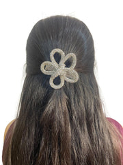 Silver rhinestone flower bow hair clip for girls, handmade for secure hold and elegant styling in hair accessories.