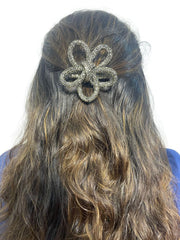 Black rhinestone flower bow hair clip for girls, handmade and secure, ideal for fashionable hair styling and accessories.