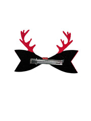 Back view of Christmas Hair Bow clip showing secure alligator clasp and red glitter antlers, ideal for girls' holiday hair accessories.