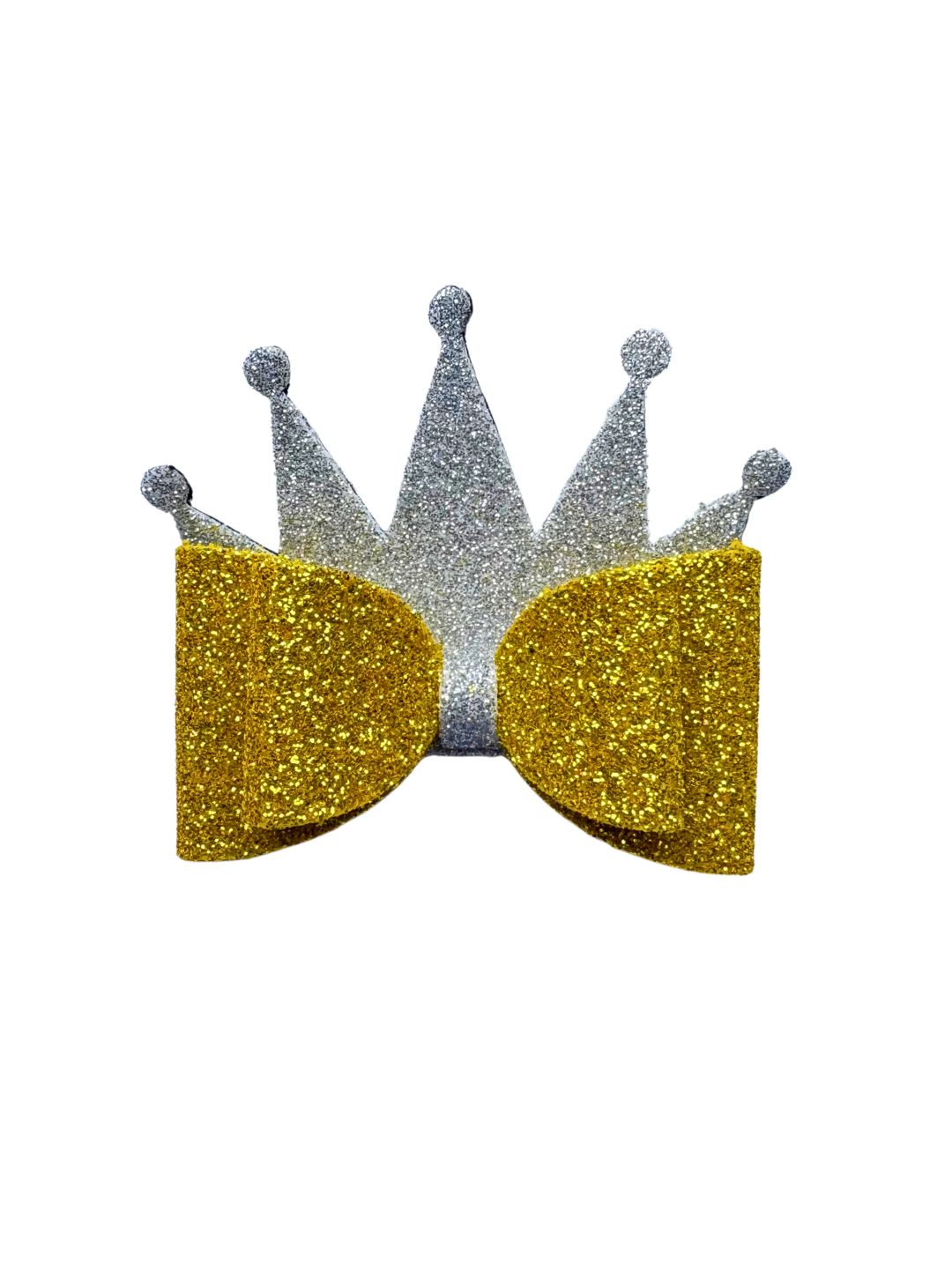 Glitter Princess Crown Hair Bow in gold and silver with festive sparkle, ideal for girls' Christmas outfits and holiday-themed accessories.
